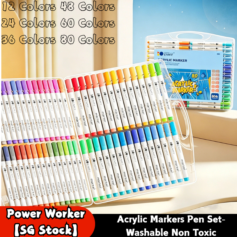 12–80 Colors Acrylic & Washable Markers Pen Set, Non Toxic  Drawing Coloring Art Stationery for Kids Students
