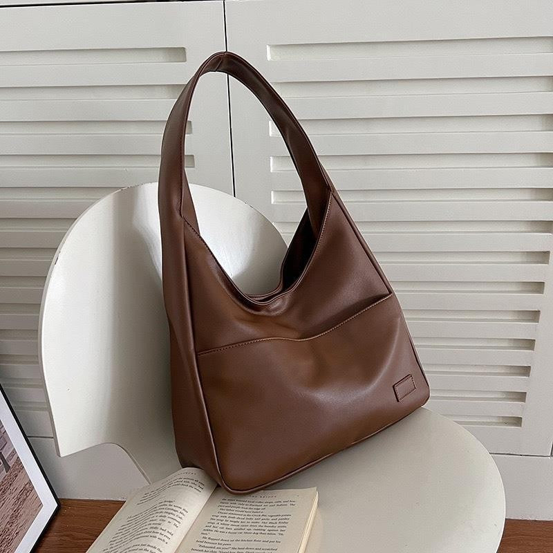 Soft PU Leather Tote Bag Large Capacity Women Bucket Bag Commuter College Students Shoulder Bag