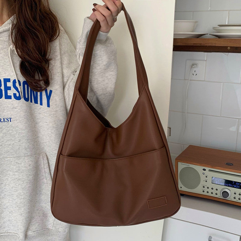 Soft PU Leather Tote Bag Large Capacity Women Bucket Bag Commuter College Students Shoulder Bag