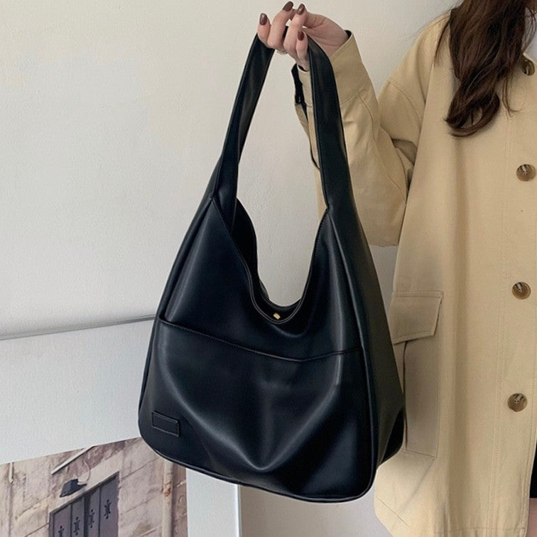 Soft PU Leather Tote Bag Large Capacity Women Bucket Bag Commuter College Students Shoulder Bag