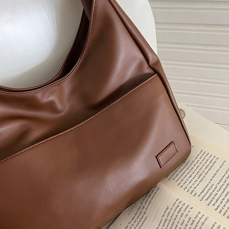 Soft PU Leather Tote Bag Large Capacity Women Bucket Bag Commuter College Students Shoulder Bag