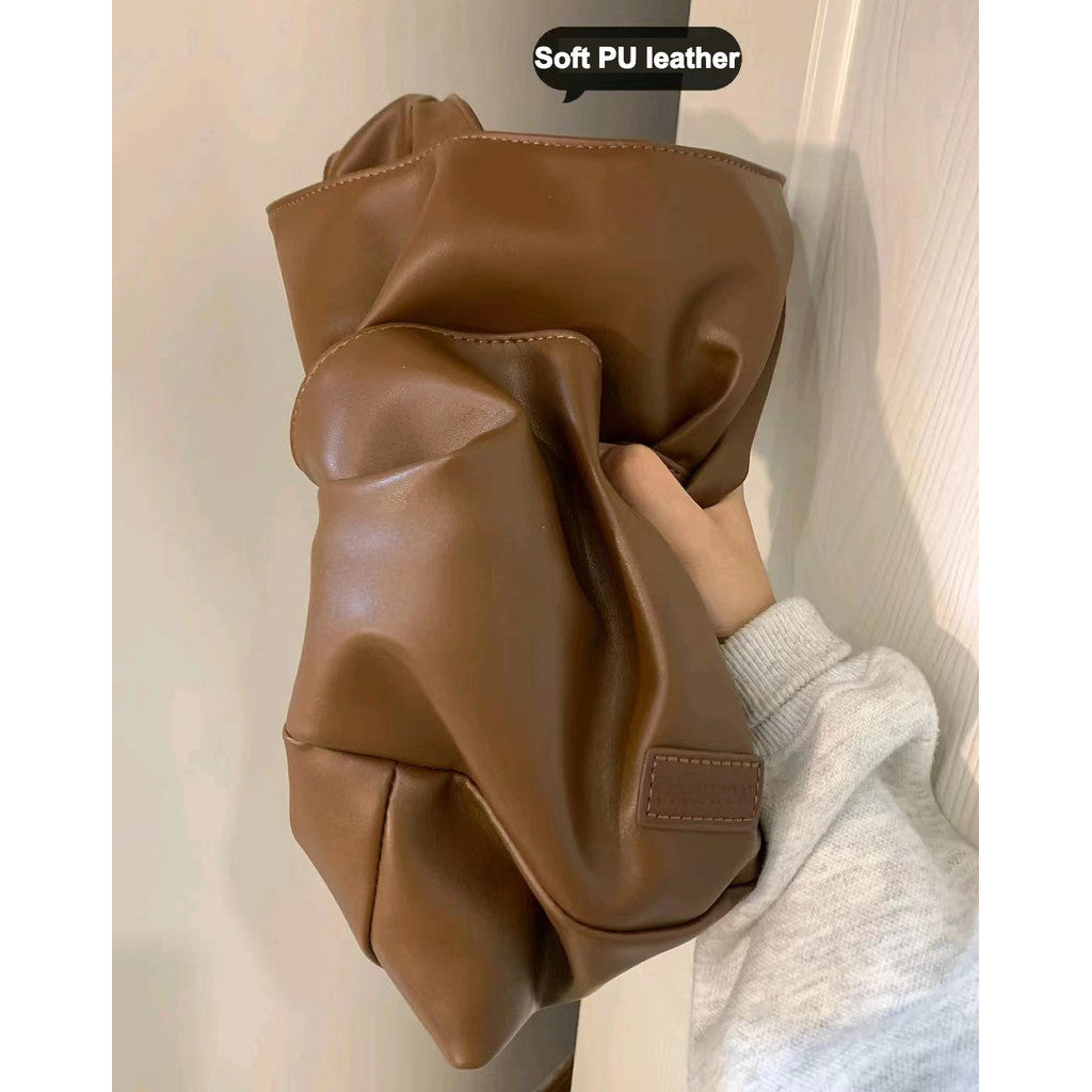 Soft PU Leather Tote Bag Large Capacity Women Bucket Bag Commuter College Students Shoulder Bag