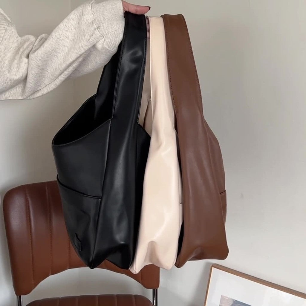 Soft PU Leather Tote Bag Large Capacity Women Bucket Bag Commuter College Students Shoulder Bag