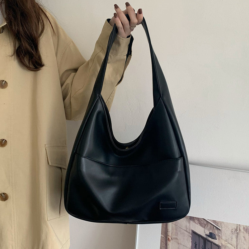 Soft PU Leather Tote Bag Large Capacity Women Bucket Bag Commuter College Students Shoulder Bag