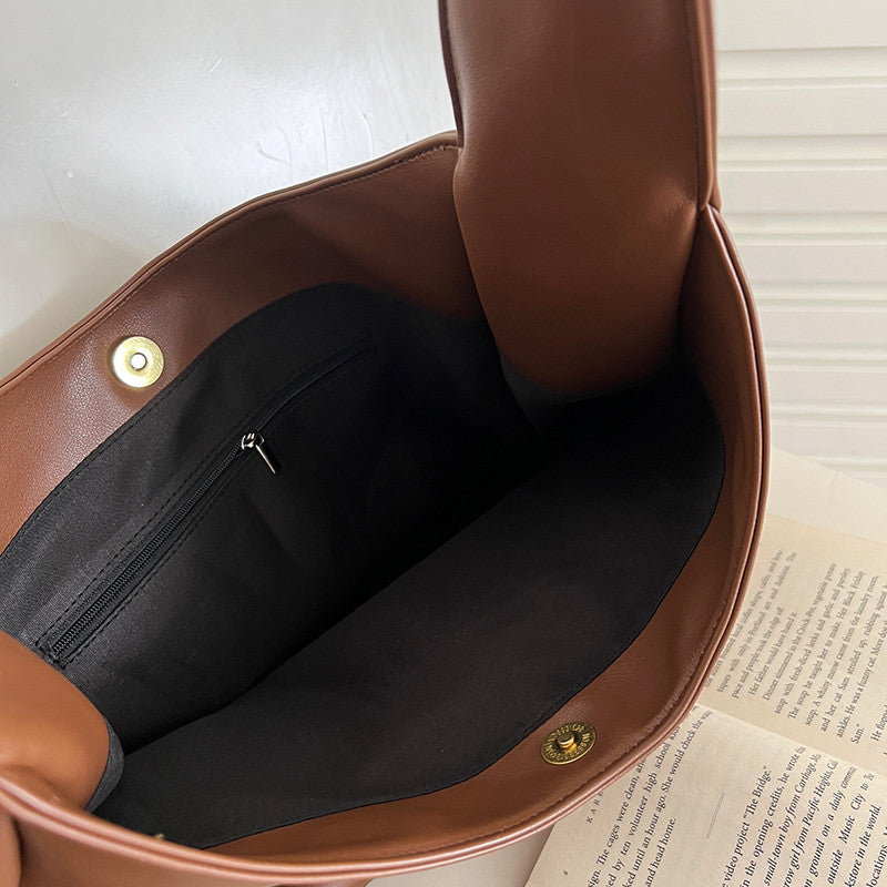 Soft PU Leather Tote Bag Large Capacity Women Bucket Bag Commuter College Students Shoulder Bag