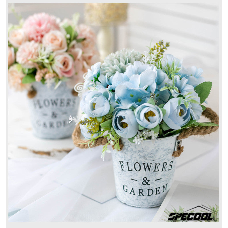 Artificial Potted Flowers Fake Flower Iron Vase Pot Bonsai for Home Decor Wedding Windowsill