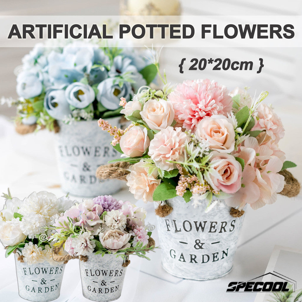 Artificial Potted Flowers Fake Flower Iron Vase Pot Bonsai for Home Decor Wedding Windowsill