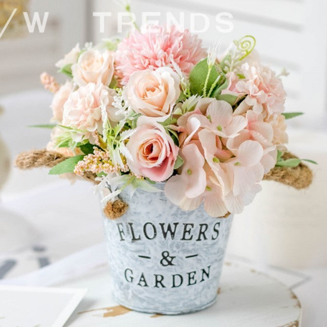 Artificial Potted Flowers Fake Flower Iron Vase Pot Bonsai for Home Decor Wedding Windowsill