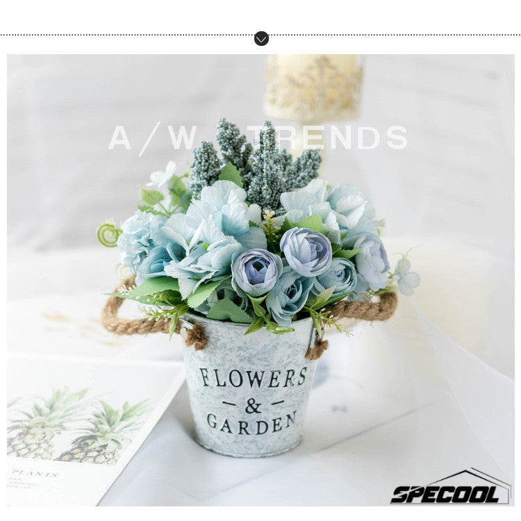 Artificial Potted Flowers Fake Flower Iron Vase Pot Bonsai for Home Decor Wedding Windowsill