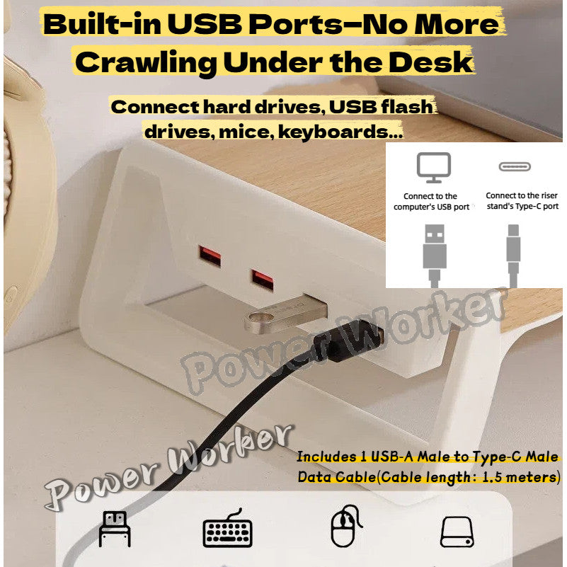 Desktop Computer Monitor Riser Stand - Office Desk Screen Organizer & Storage Shelf with USB Expansion