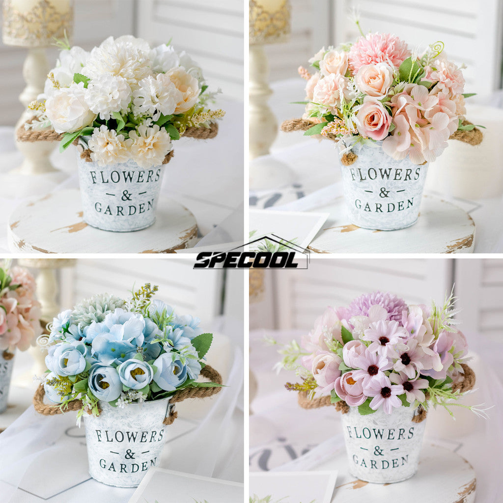 Artificial Potted Flowers Fake Flower Iron Vase Pot Bonsai for Home Decor Wedding Windowsill