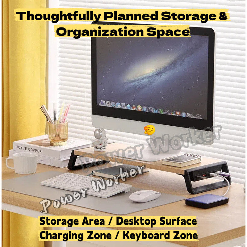 Desktop Computer Monitor Riser Stand - Office Desk Screen Organizer & Storage Shelf with USB Expansion