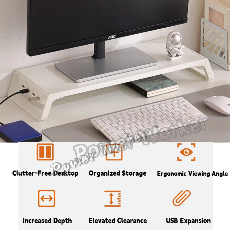 Desktop Computer Monitor Riser Stand - Office Desk Screen Organizer & Storage Shelf with USB Expansion