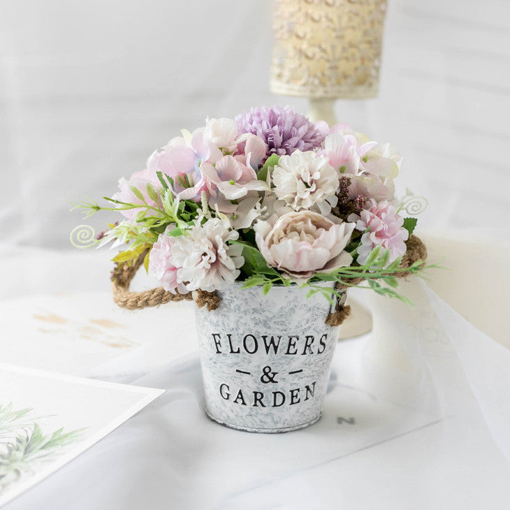 Artificial Potted Flowers Fake Flower Iron Vase Pot Bonsai for Home Decor Wedding Windowsill