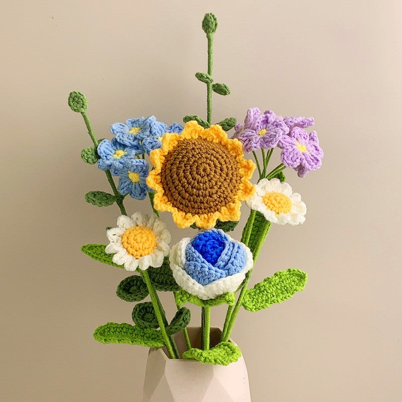 Hand-knitted Crochet Flowers Rose/Sunflower/Tulip/Daisy Crochet Flower Bouquet Gift for Mother Teacher