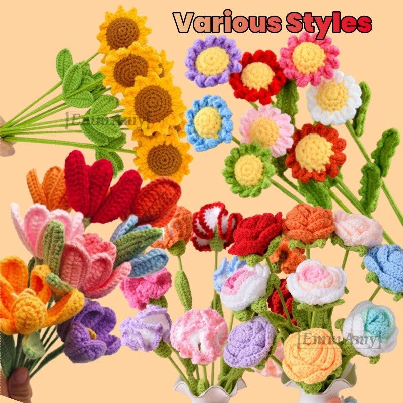 Hand-knitted Crochet Flowers Rose/Sunflower/Tulip/Daisy Crochet Flower Bouquet Gift for Mother Teacher