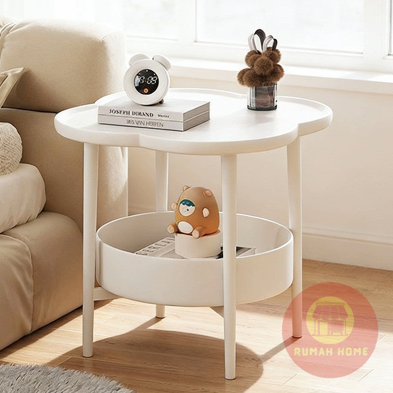 2‑Tier Cream Side Table, Storage Movable Sofa End Table, Small Bedside Table for Living Room Bedroom Balcony