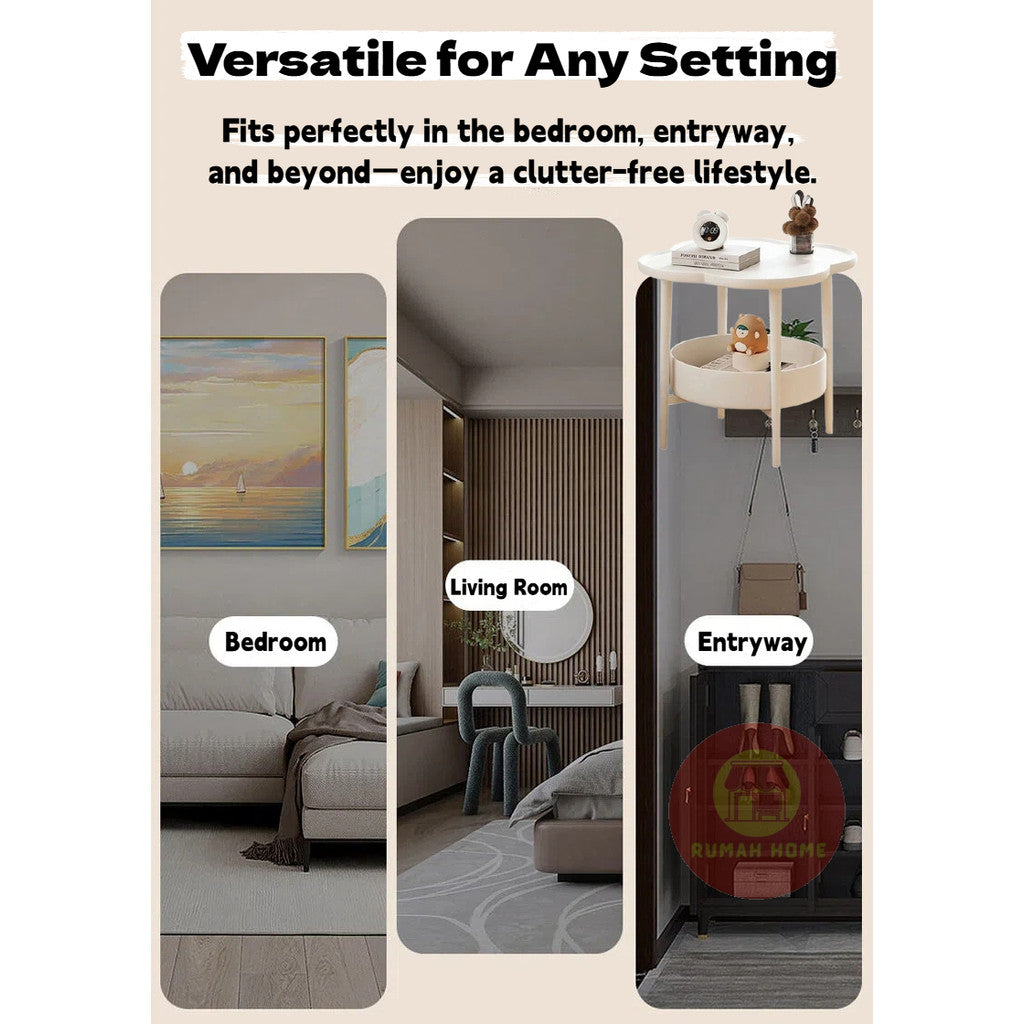 2‑Tier Cream Side Table, Storage Movable Sofa End Table, Small Bedside Table for Living Room Bedroom Balcony
