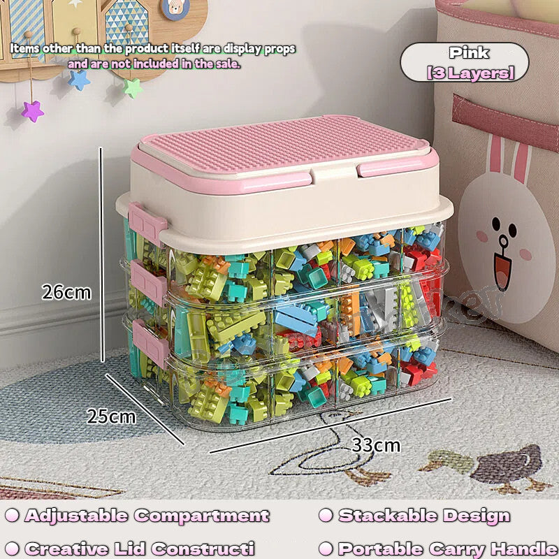 1/2/3Tier Stackable Building Block Storage Box for Kids | Small Toy Organizer with Lid | Transparent Container