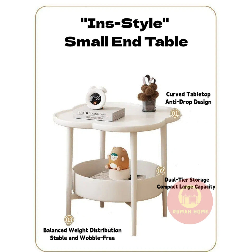 2‑Tier Cream Side Table, Storage Movable Sofa End Table, Small Bedside Table for Living Room Bedroom Balcony