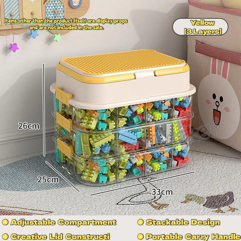 1/2/3Tier Stackable Building Block Storage Box for Kids | Small Toy Organizer with Lid | Transparent Container