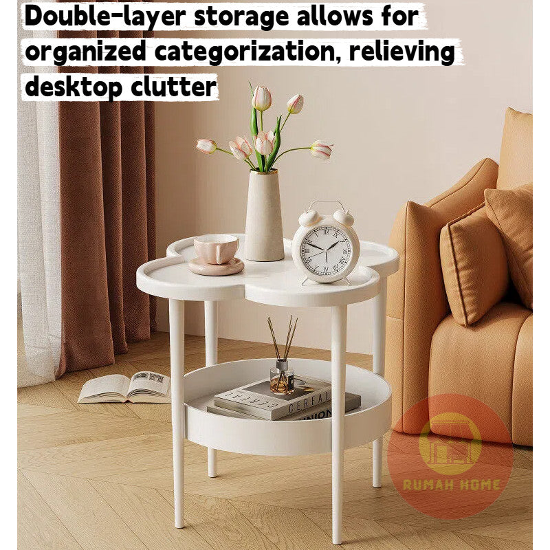 2‑Tier Cream Side Table, Storage Movable Sofa End Table, Small Bedside Table for Living Room Bedroom Balcony