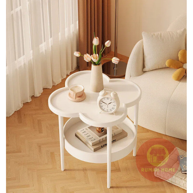 2‑Tier Cream Side Table, Storage Movable Sofa End Table, Small Bedside Table for Living Room Bedroom Balcony