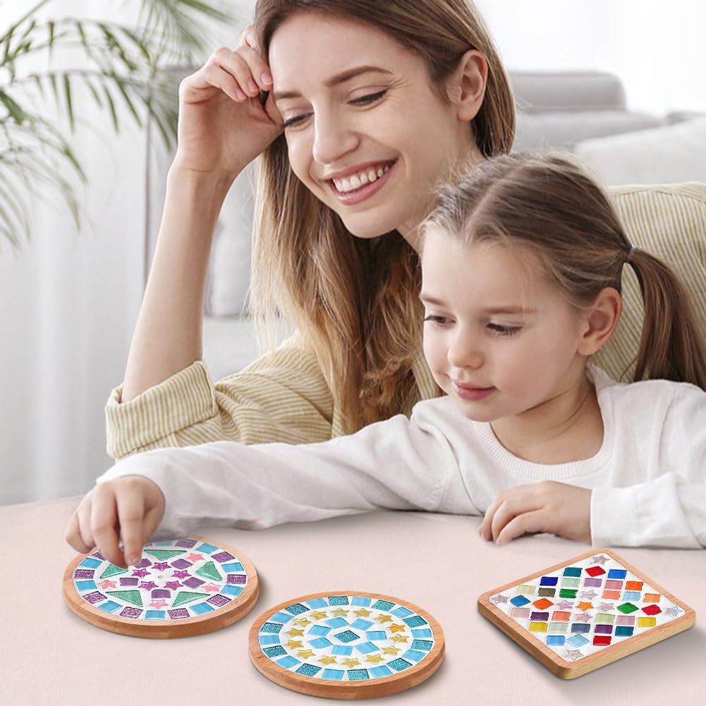 SG DIY Mug Pad Glass Mosaic Tiles for Crafts Mixed Color Mosaic Kits with Wooden Coaster Children's DIY Handmade Toys
