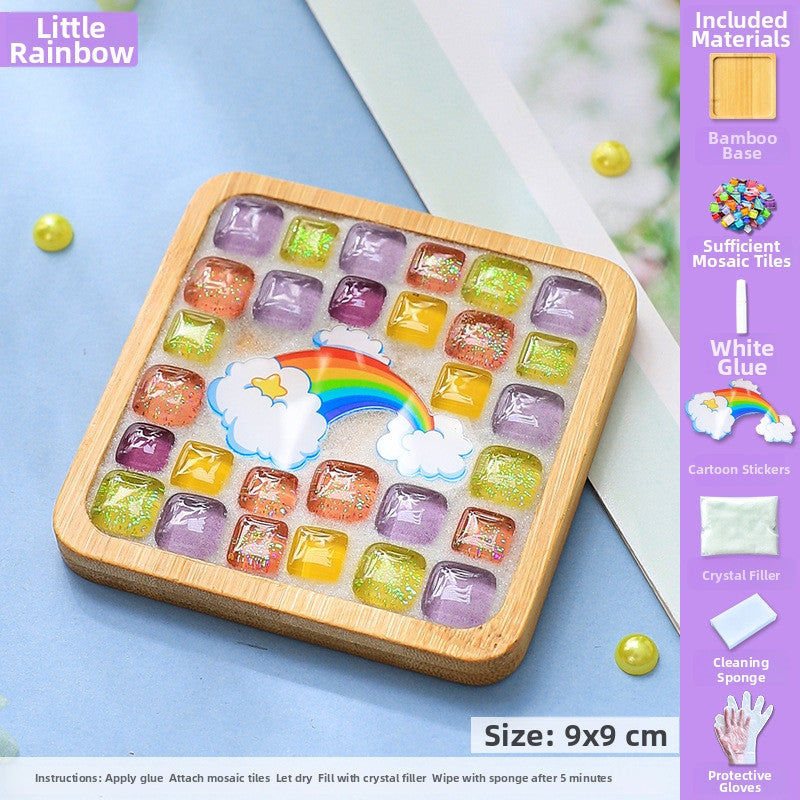 SG DIY Mug Pad Glass Mosaic Tiles for Crafts Mixed Color Mosaic Kits with Wooden Coaster Children's DIY Handmade Toys