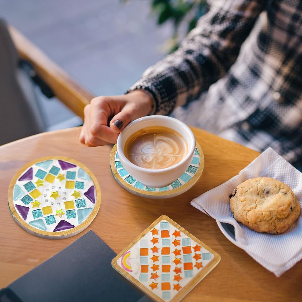 SG DIY Mug Pad Glass Mosaic Tiles for Crafts Mixed Color Mosaic Kits with Wooden Coaster Children's DIY Handmade Toys