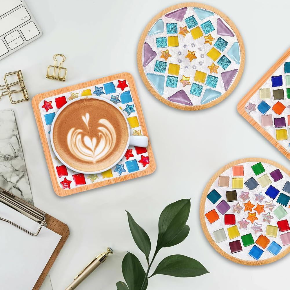 SG DIY Mug Pad Glass Mosaic Tiles for Crafts Mixed Color Mosaic Kits with Wooden Coaster Children's DIY Handmade Toys