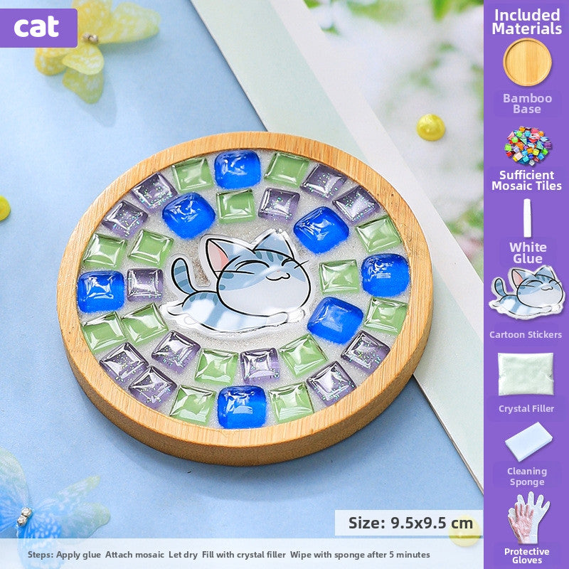 SG DIY Mug Pad Glass Mosaic Tiles for Crafts Mixed Color Mosaic Kits with Wooden Coaster Children's DIY Handmade Toys