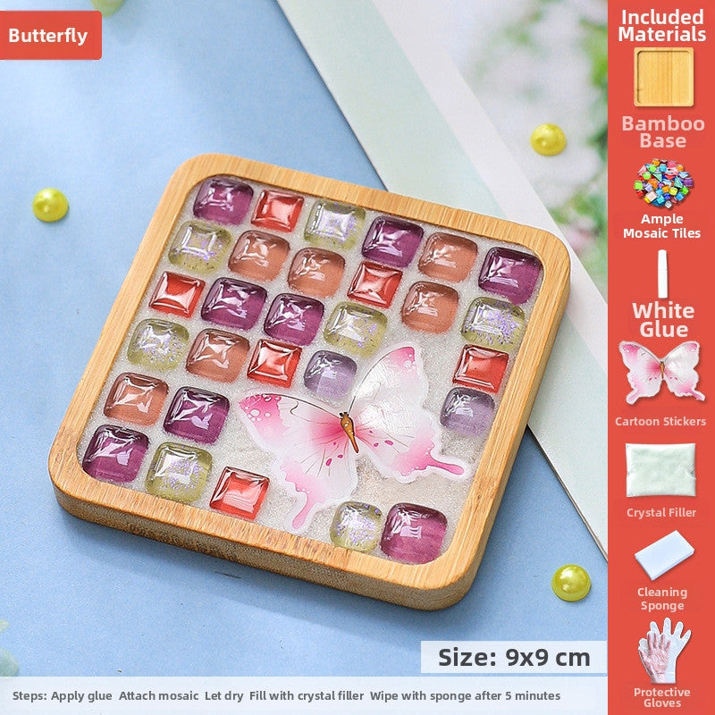 SG DIY Mug Pad Glass Mosaic Tiles for Crafts Mixed Color Mosaic Kits with Wooden Coaster Children's DIY Handmade Toys