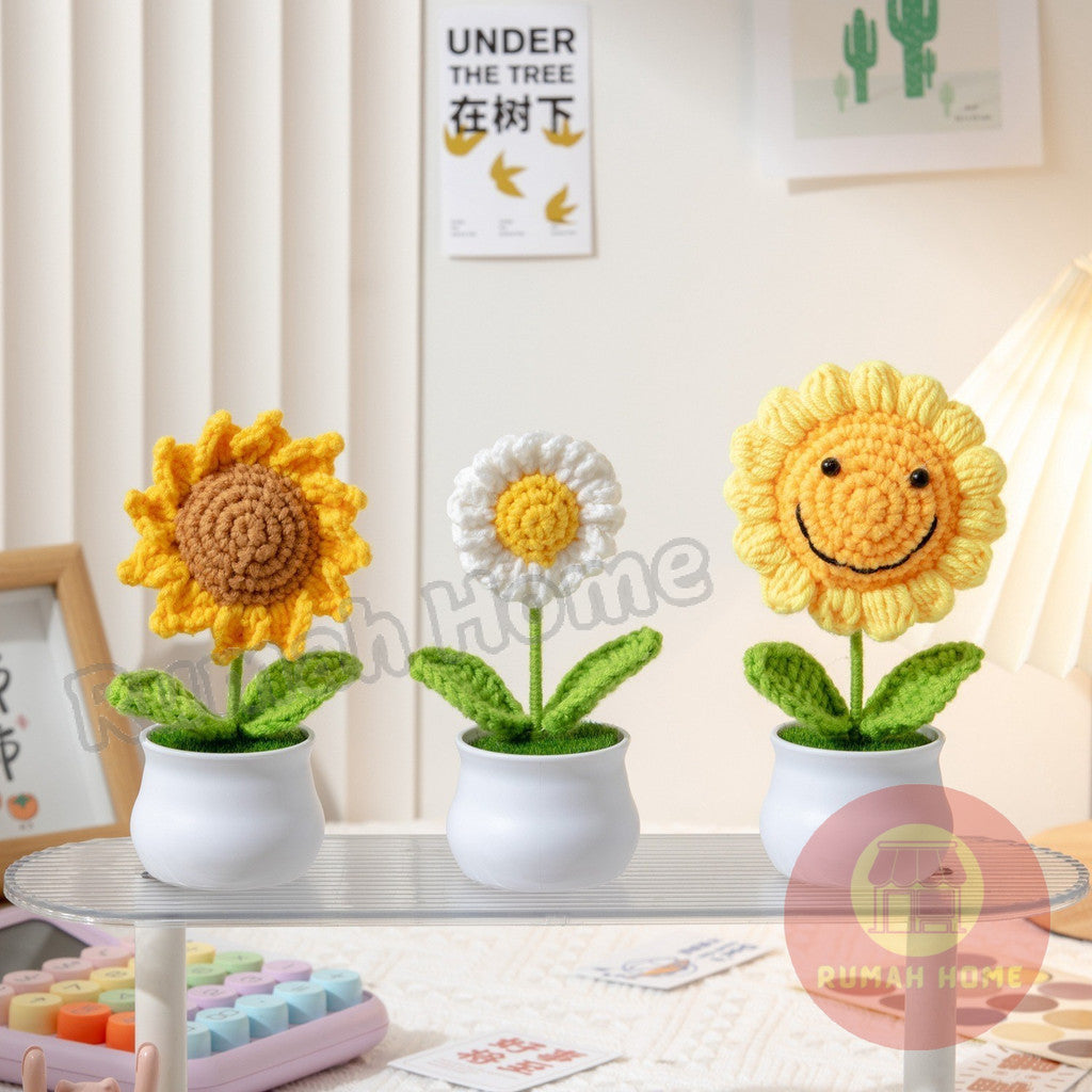 Crochet Sunflower Mini Potted Flower Handmade Decor Office Desk Car Decor Gift for Women Teachers Birthday Christmas
