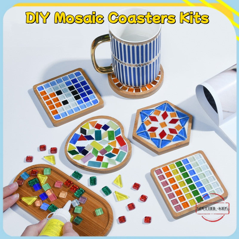 SG DIY Mug Pad Glass Mosaic Tiles for Crafts Mixed Color Mosaic Kits with Wooden Coaster Children's DIY Handmade Toys