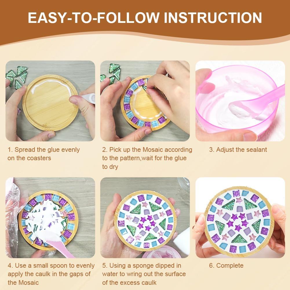 SG DIY Mug Pad Glass Mosaic Tiles for Crafts Mixed Color Mosaic Kits with Wooden Coaster Children's DIY Handmade Toys