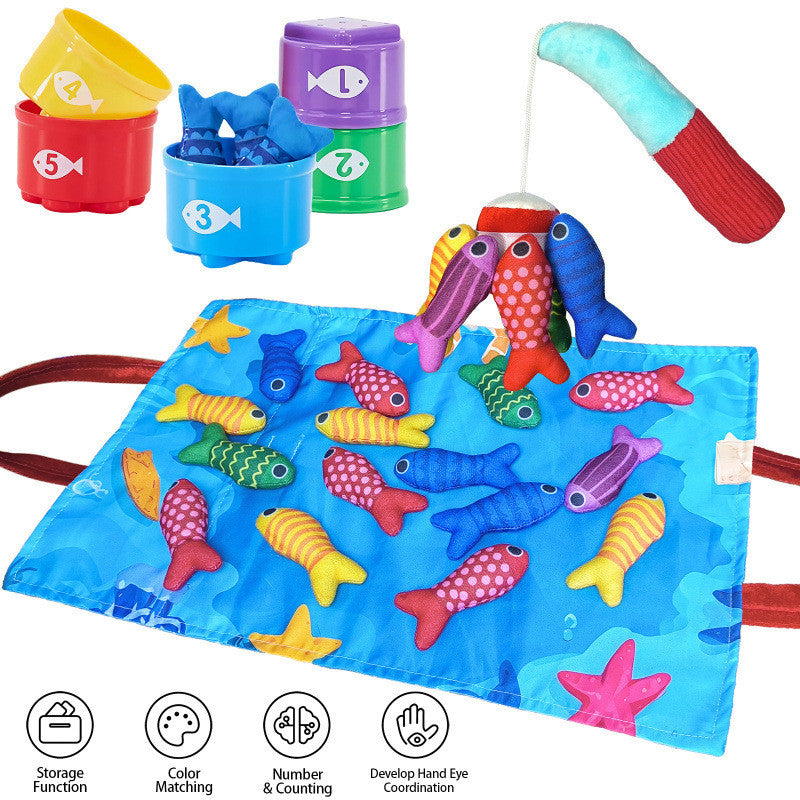 Kids Cloth Fishing Game with Stacking Cups Color Sorting Montessori Toy Early Education Toys Number Counting Toy Gifts