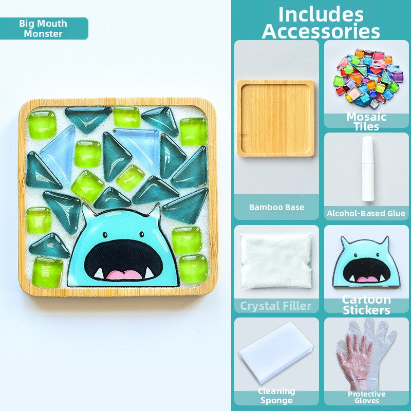 SG DIY Mug Pad Glass Mosaic Tiles for Crafts Mixed Color Mosaic Kits with Wooden Coaster Children's DIY Handmade Toys