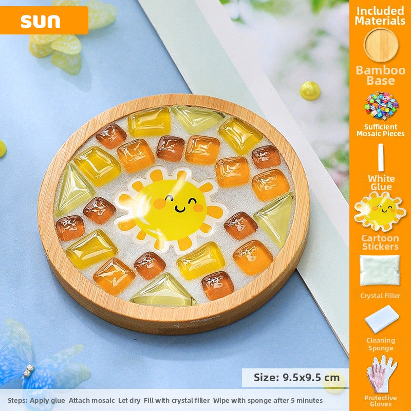 SG DIY Mug Pad Glass Mosaic Tiles for Crafts Mixed Color Mosaic Kits with Wooden Coaster Children's DIY Handmade Toys