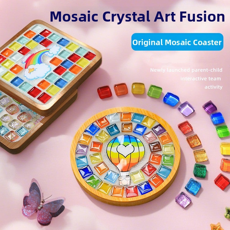 SG DIY Mug Pad Glass Mosaic Tiles for Crafts Mixed Color Mosaic Kits with Wooden Coaster Children's DIY Handmade Toys
