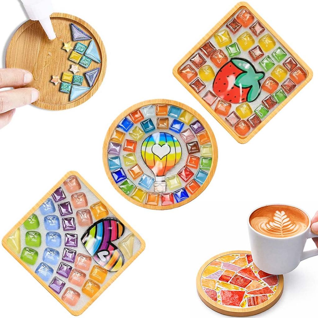SG DIY Mug Pad Glass Mosaic Tiles for Crafts Mixed Color Mosaic Kits with Wooden Coaster Children's DIY Handmade Toys