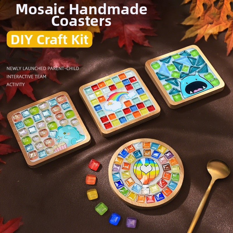 SG DIY Mug Pad Glass Mosaic Tiles for Crafts Mixed Color Mosaic Kits with Wooden Coaster Children's DIY Handmade Toys