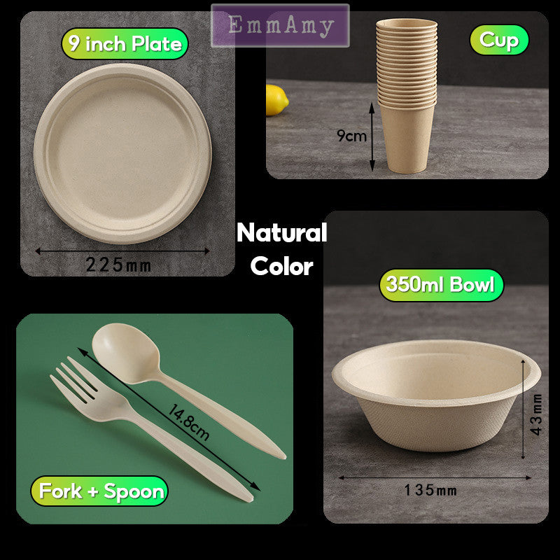 50pcs Disposable Biodegradable Tableware Set – Eco-Friendly Plates, Bowls, Cups, Spoons & Forks for BBQ & Party