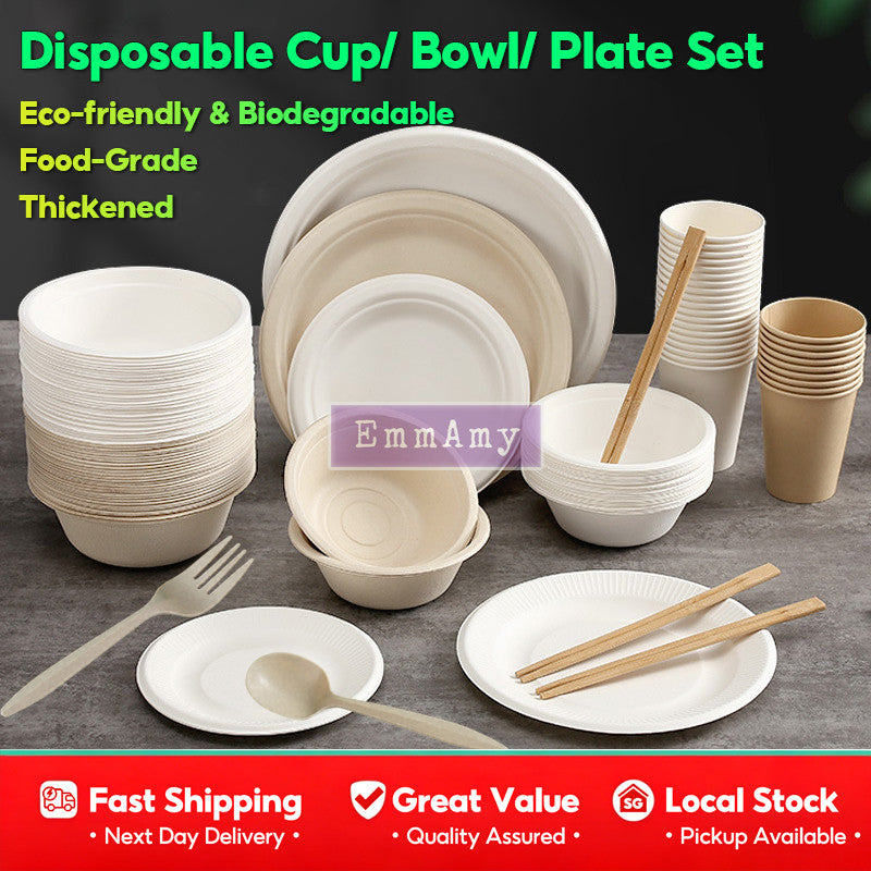 50pcs Disposable Biodegradable Tableware Set – Eco-Friendly Plates, Bowls, Cups, Spoons & Forks for BBQ & Party