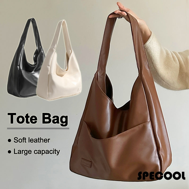 Soft PU Leather Tote Bag Large Capacity Women Bucket Bag Commuter College Students Shoulder Bag