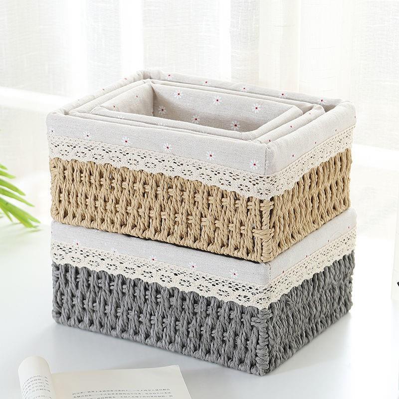 Hand-Woven Rattan Basket Desktop Storage Box Sundries Organizer