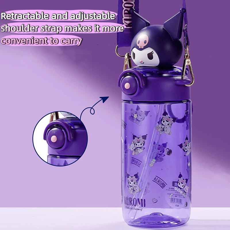 Sanrio Kids Tritan Water Bottle 650ml-Portable Straw Cartoon 3D Kuromi Cup BPA Free For Children, School Students