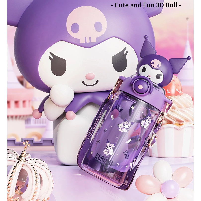 Sanrio Kids Tritan Water Bottle 650ml-Portable Straw Cartoon 3D Kuromi Cup BPA Free For Children, School Students