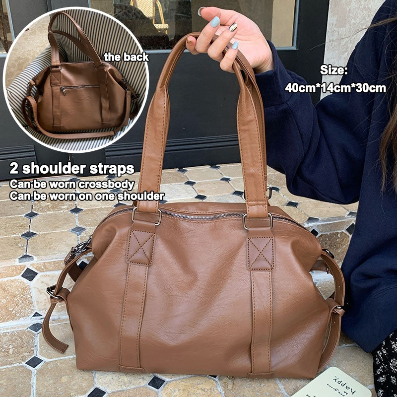 Soft PU Leather Tote Bag Large Capacity Women Bucket Bag Commuter College Students Shoulder Bag