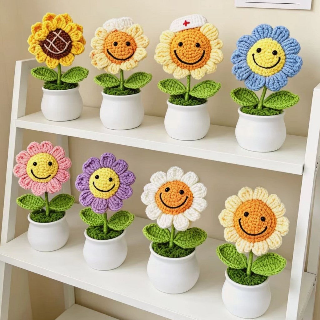 Crochet Sunflower Mini Potted Flower Handmade Decor Office Desk Car Decor Gift for Women Teachers Birthday Christmas